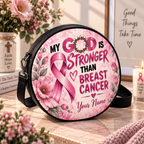 Stronger Faith Pink Ribbon Personalized Leather Round Bag