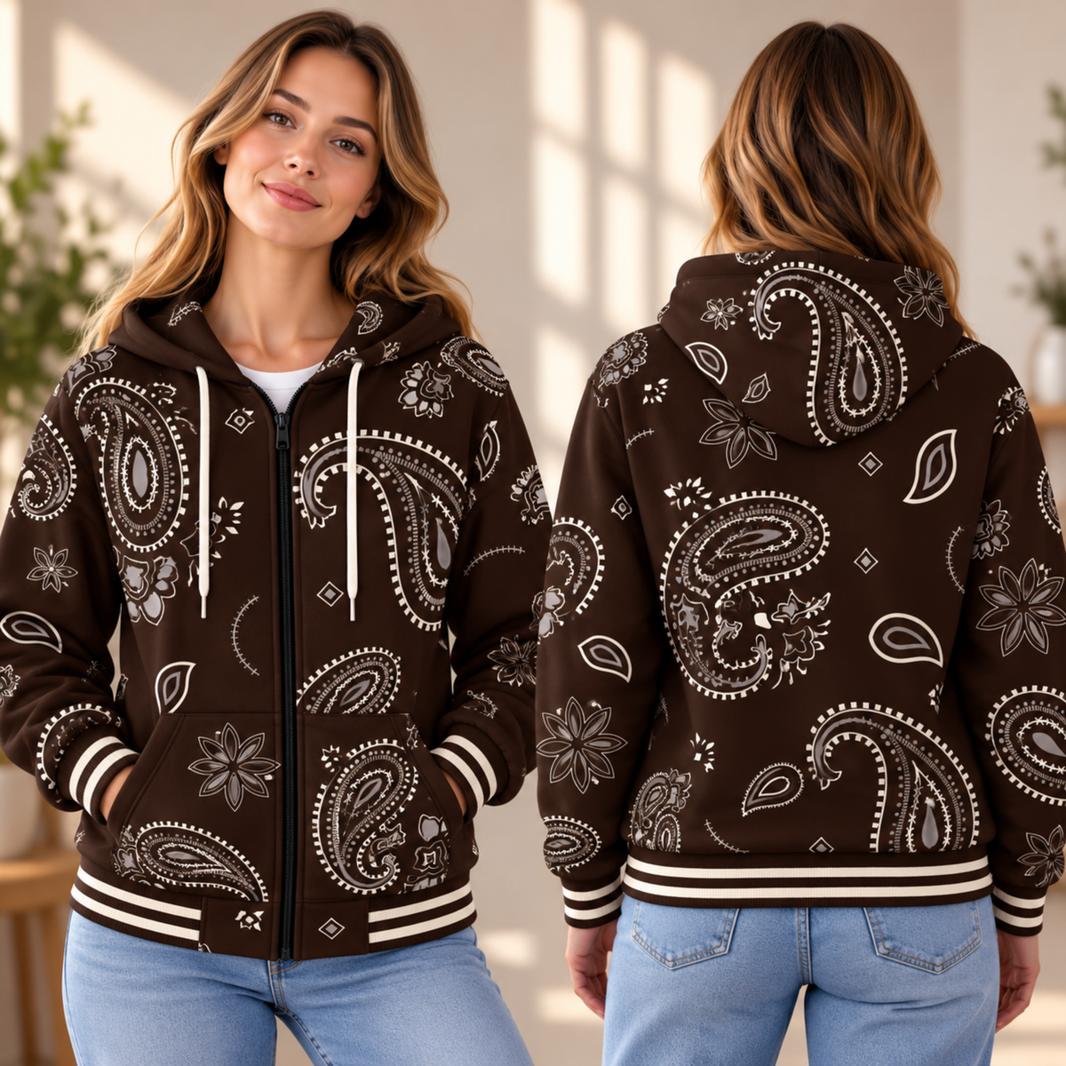Brown Paisley Floral Zip-up Baseball Jacket