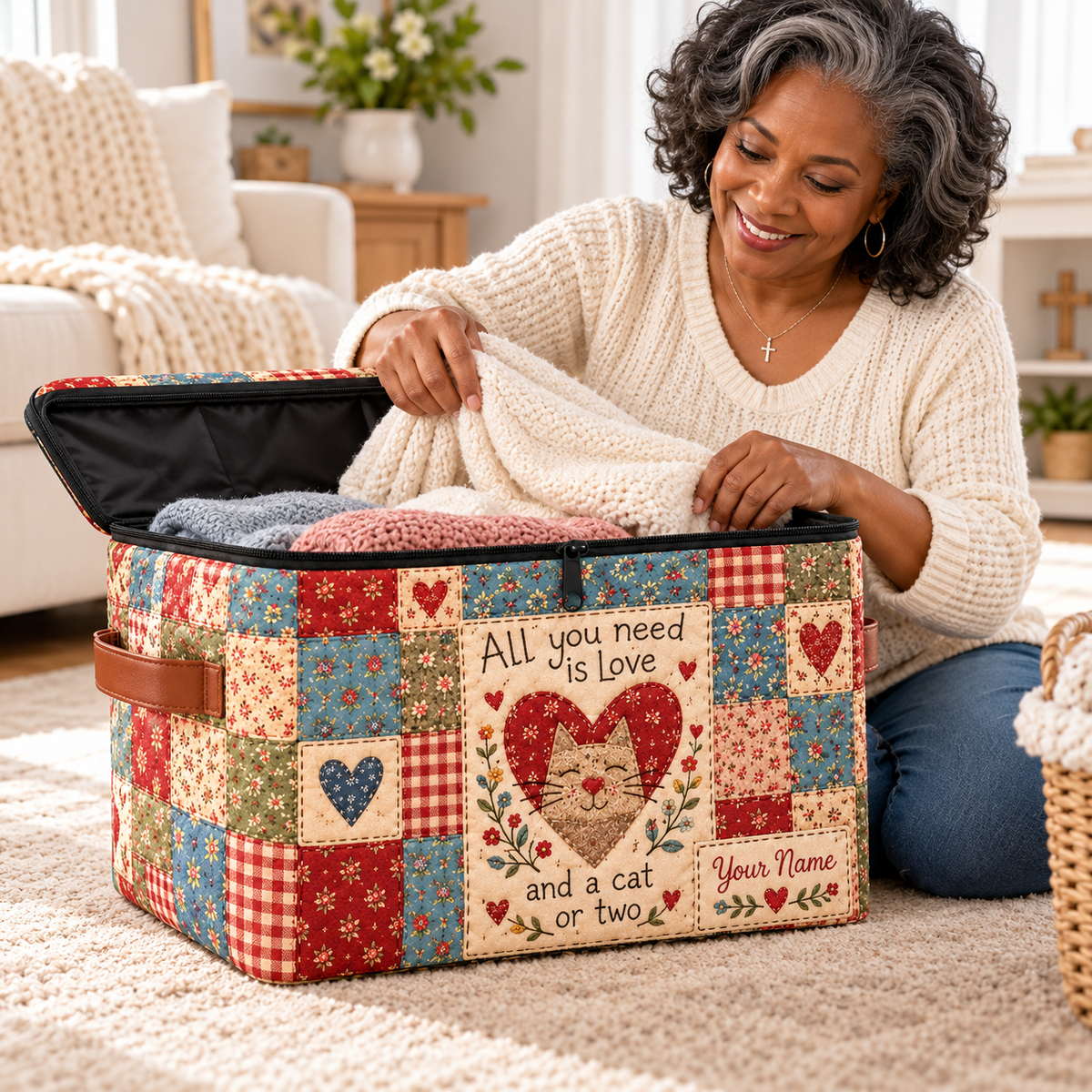Cat Heart Patchwork Personalized Square Storage Basket With Lid