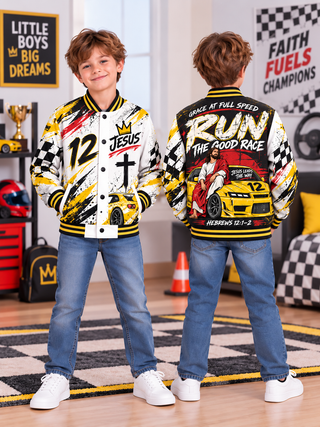 Run The Good Race Jesus Kids Baseball Jacket
