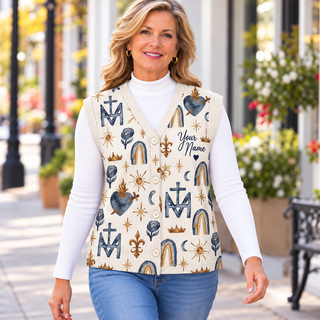 Navy Gold Motif Personalized Knitted Cardigan Vest