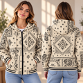Cream Black Bandana Paisley Zip-up Baseball Jacket