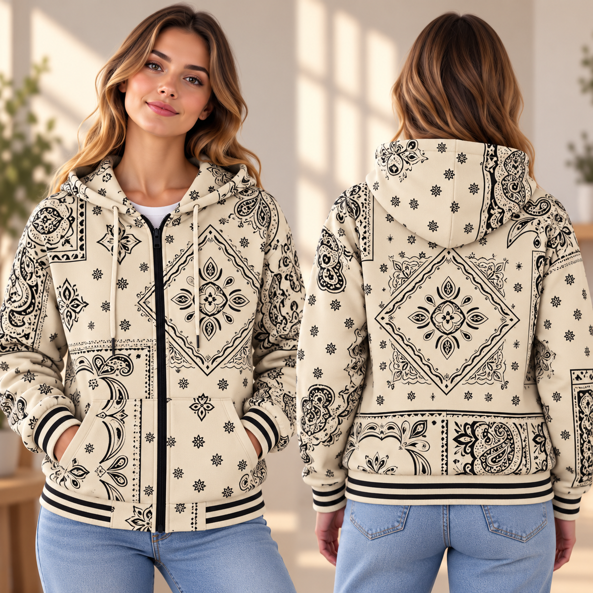 Cream Black Bandana Paisley Zip-up Baseball Jacket