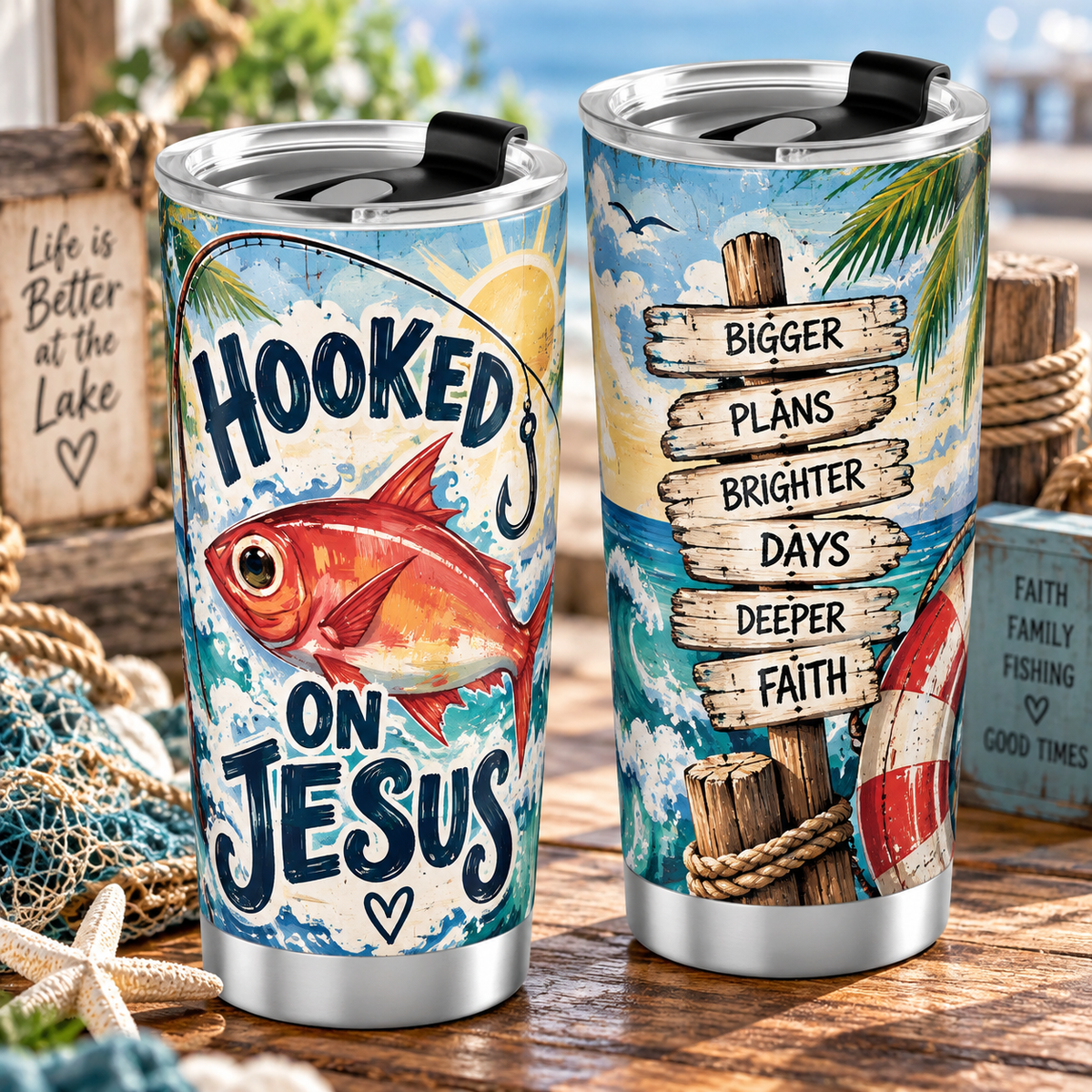 Hooked On Jesus Red Fish Ocean Waves Fishing Hook Normal Tumbler