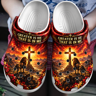 Greater Is He That Is In Me Lion Cross Clogs Shoes