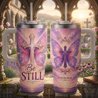 Be Still Butterfly Cross Psalm 40oz Top Tumbler