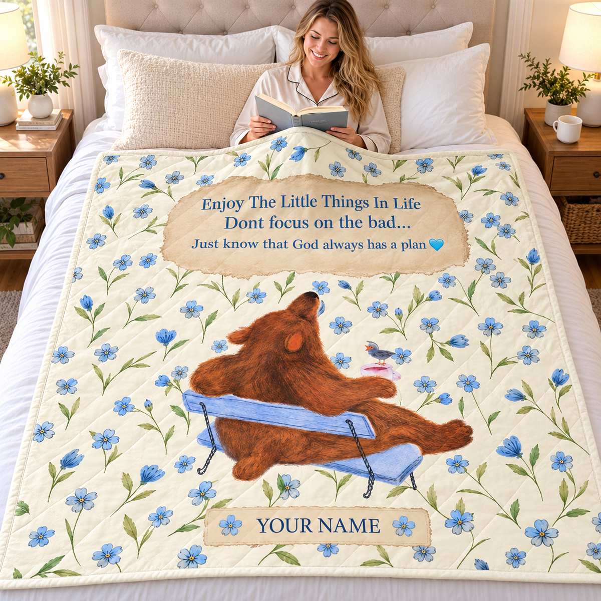Bear and Bird Blue Floral Personalized Quilt