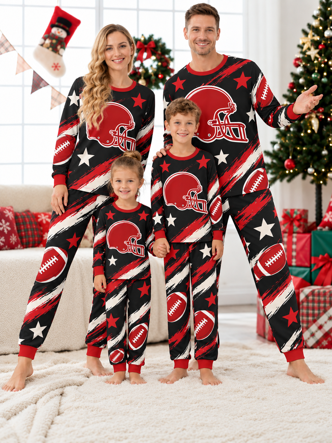 Football Helmet Stars Family Mixed Cotton Pajamas