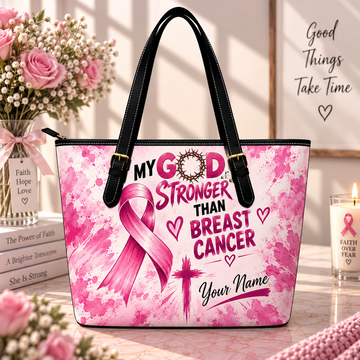Stronger Faith Pink Ribbon Personalized Saddle Bag