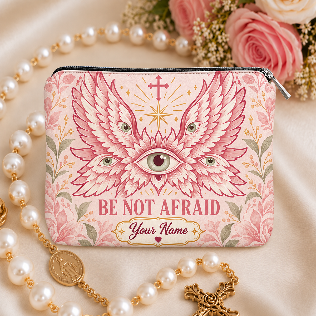 Be Not Afraid Pink Angel Personalized PU Leather Pouch