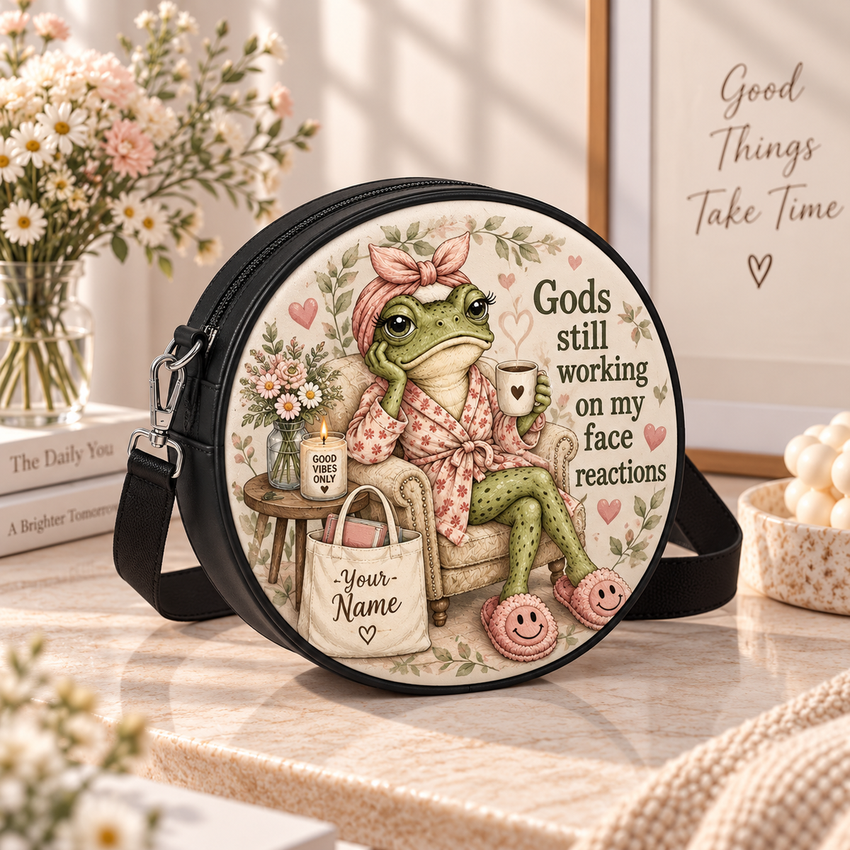 Frog Face Reactions Personalized Leather Round Bag