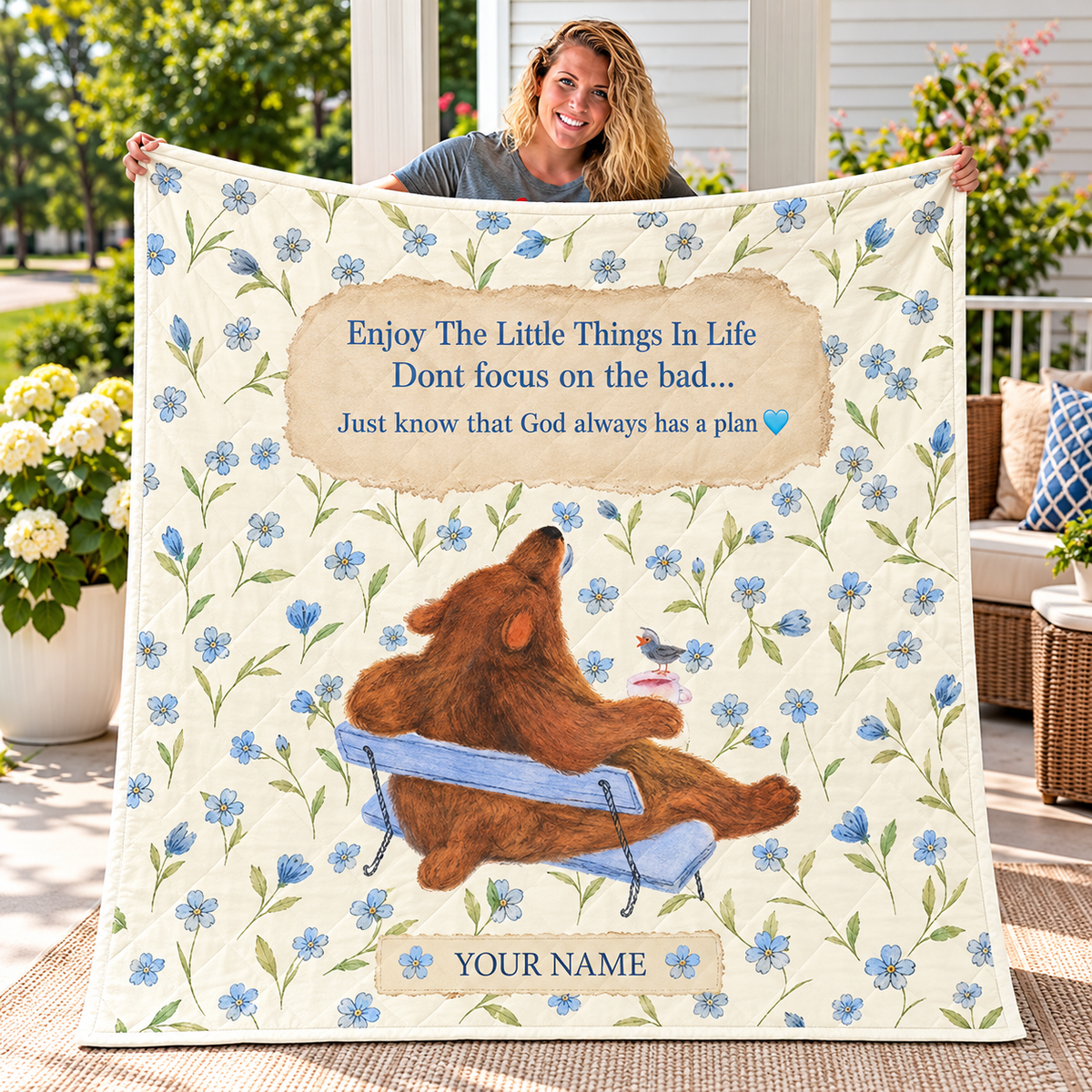 Bear and Bird Blue Floral Personalized Quilt