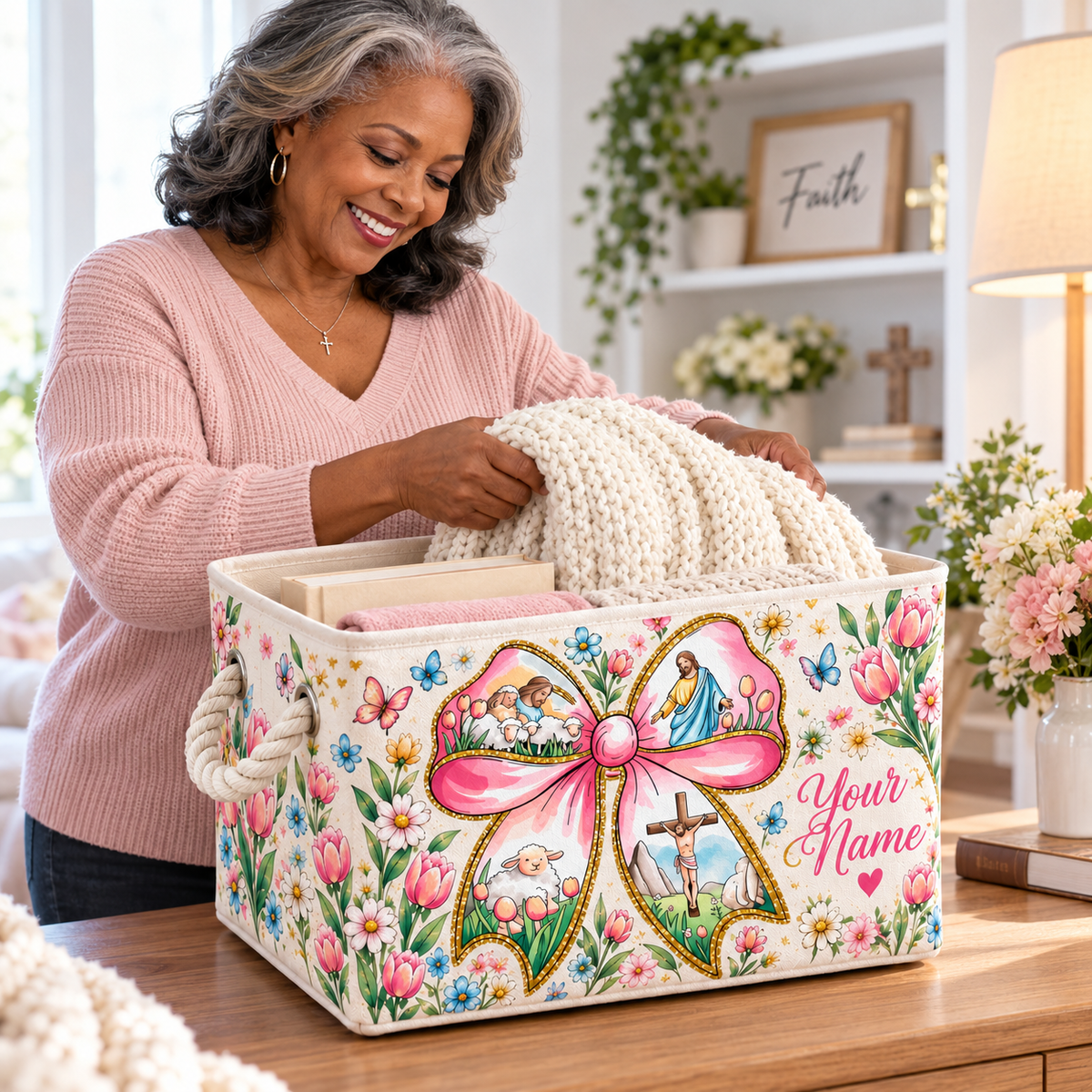 Pink Bow Spring Floral Personalized Storage Basket