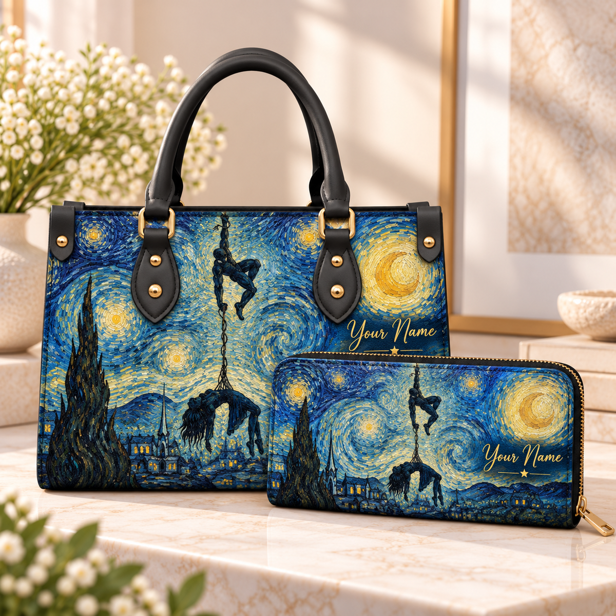 Starry Night Swinging Duo Personalized PU Leather Handbag & Leather Long Wallet