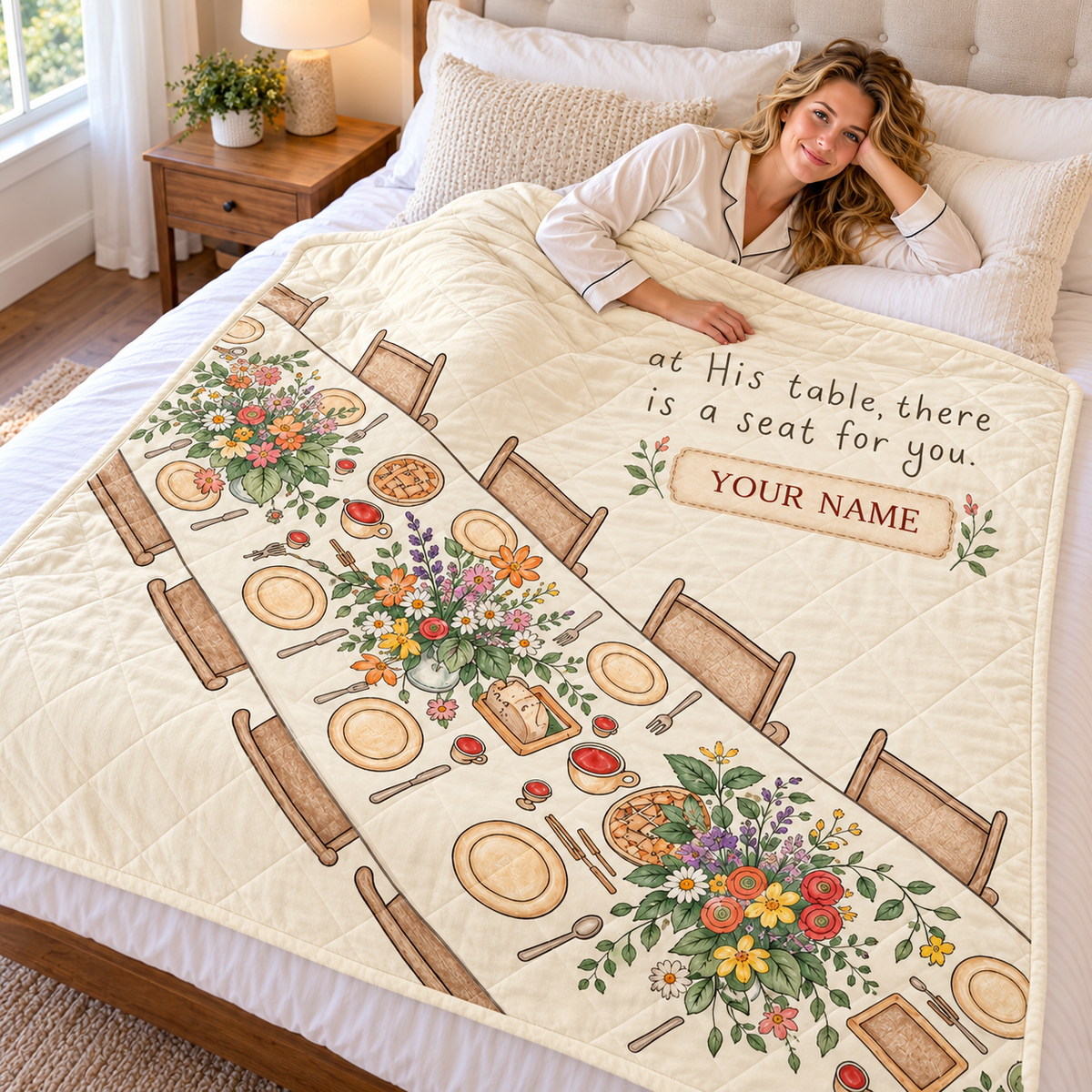 Floral Gathering Table Personalized Quilt