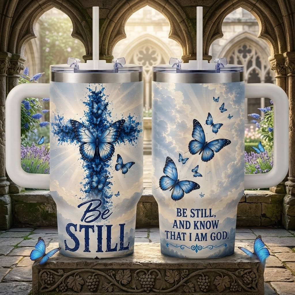 Be Still Blue Butterfly Cross 40oz Top Tumbler