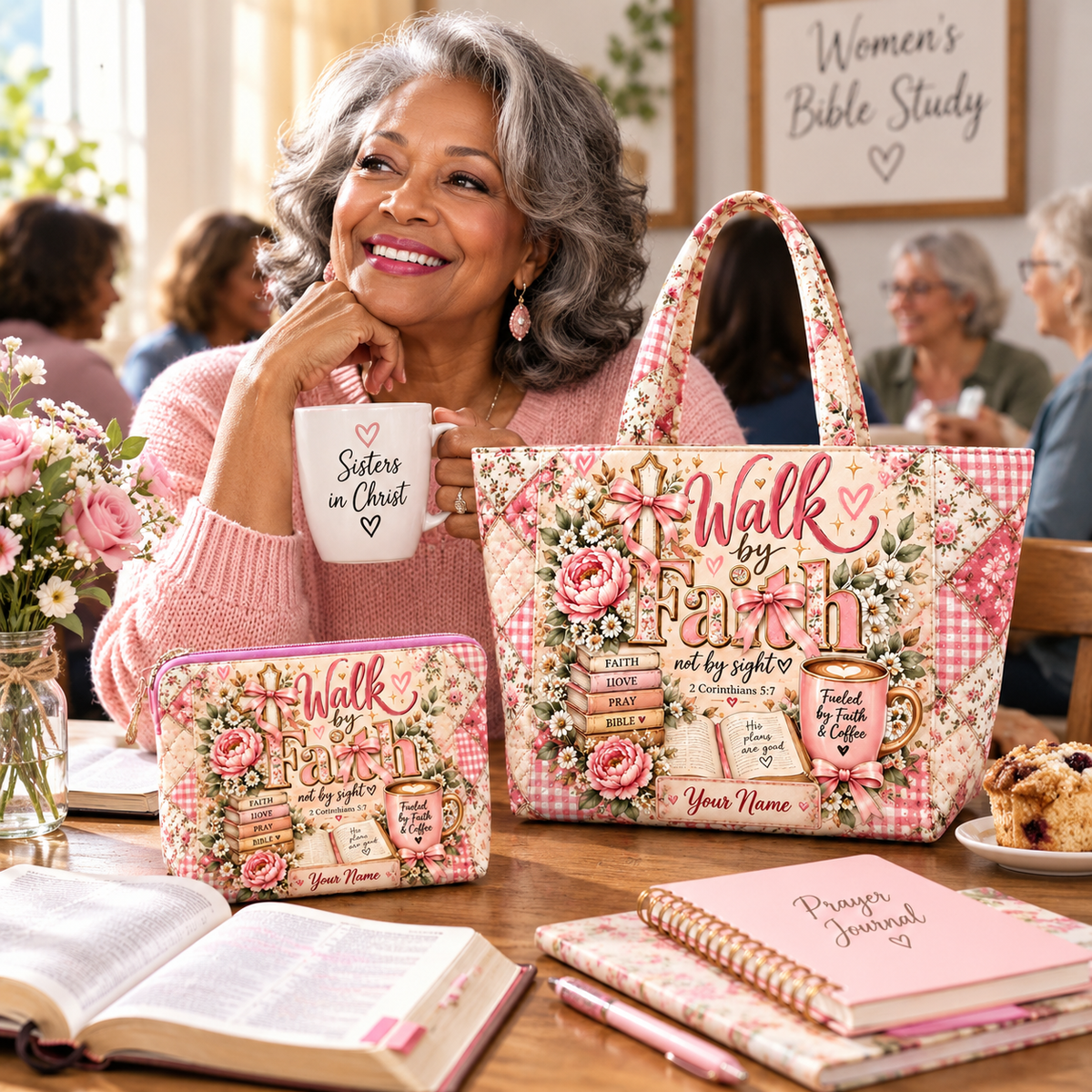 Pink Roses Books & Coffee Personalized Quilted Shoulder Bag & Storage Bag