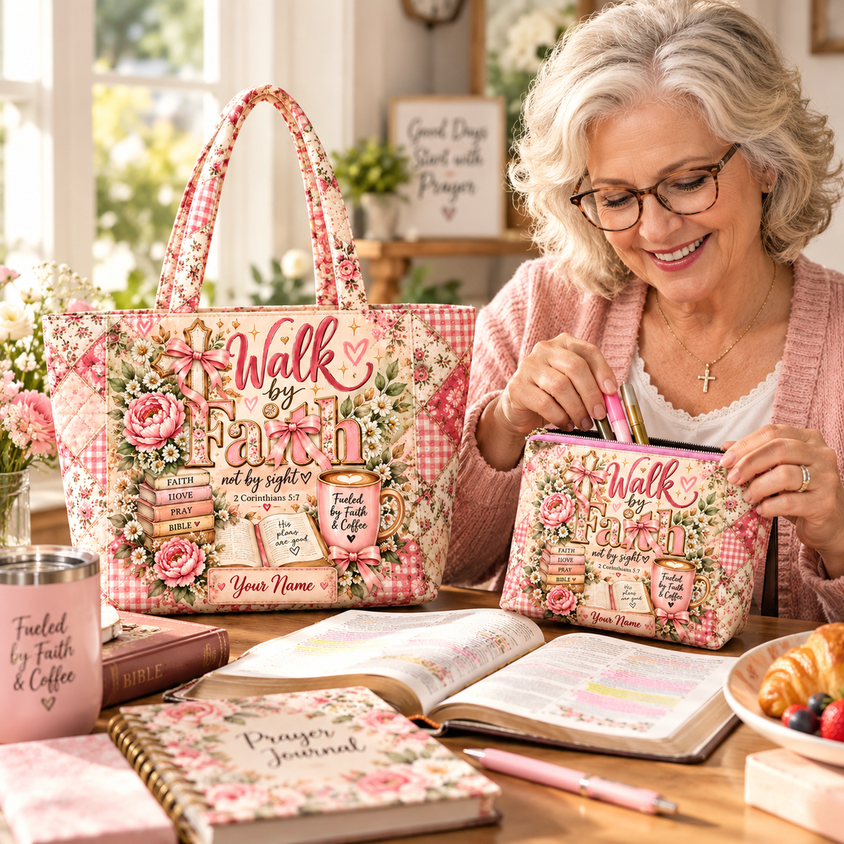 Pink Roses Books & Coffee Personalized Quilted Shoulder Bag & Storage Bag
