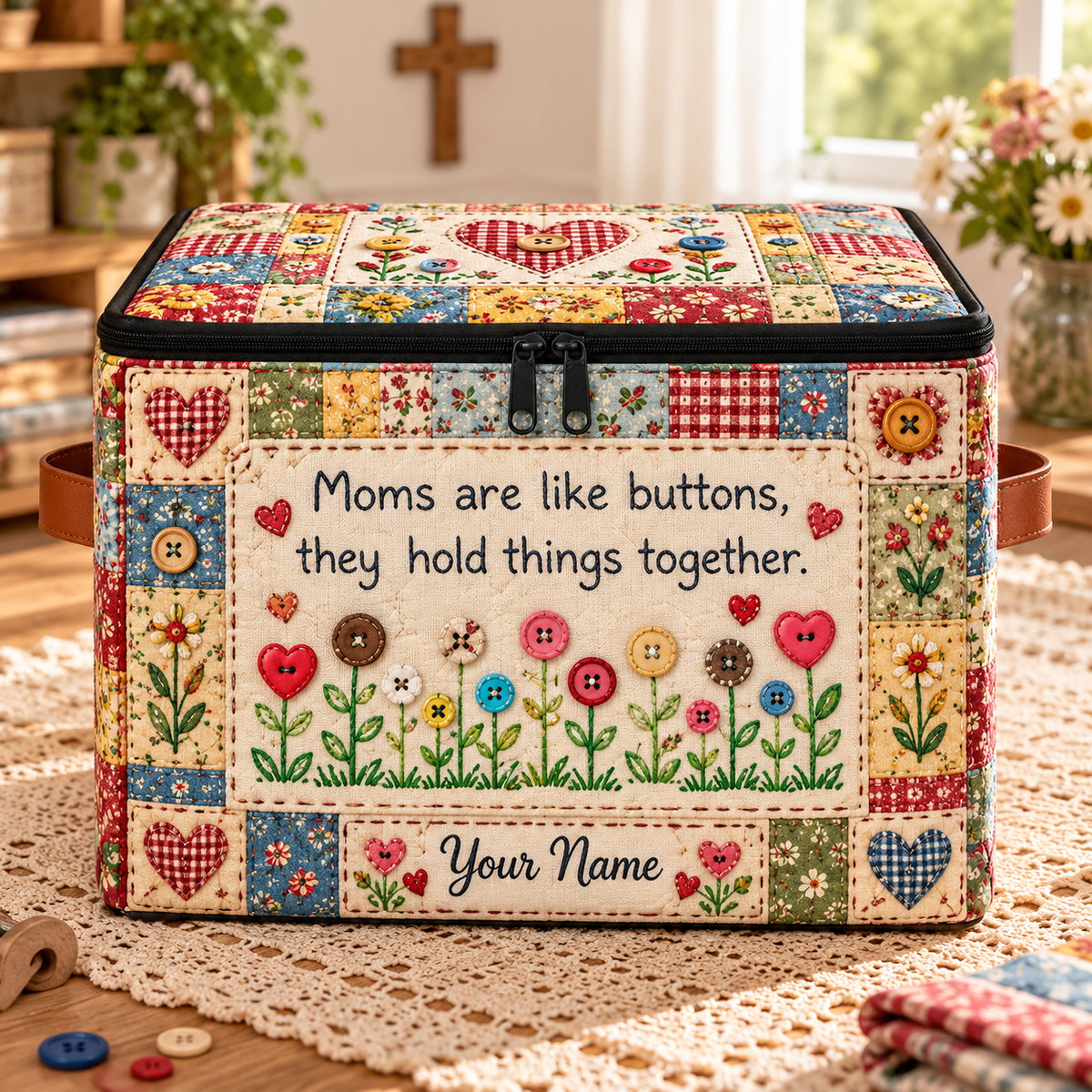 Mom Button Flower Patchwork Personalized Square Storage Basket With Lid