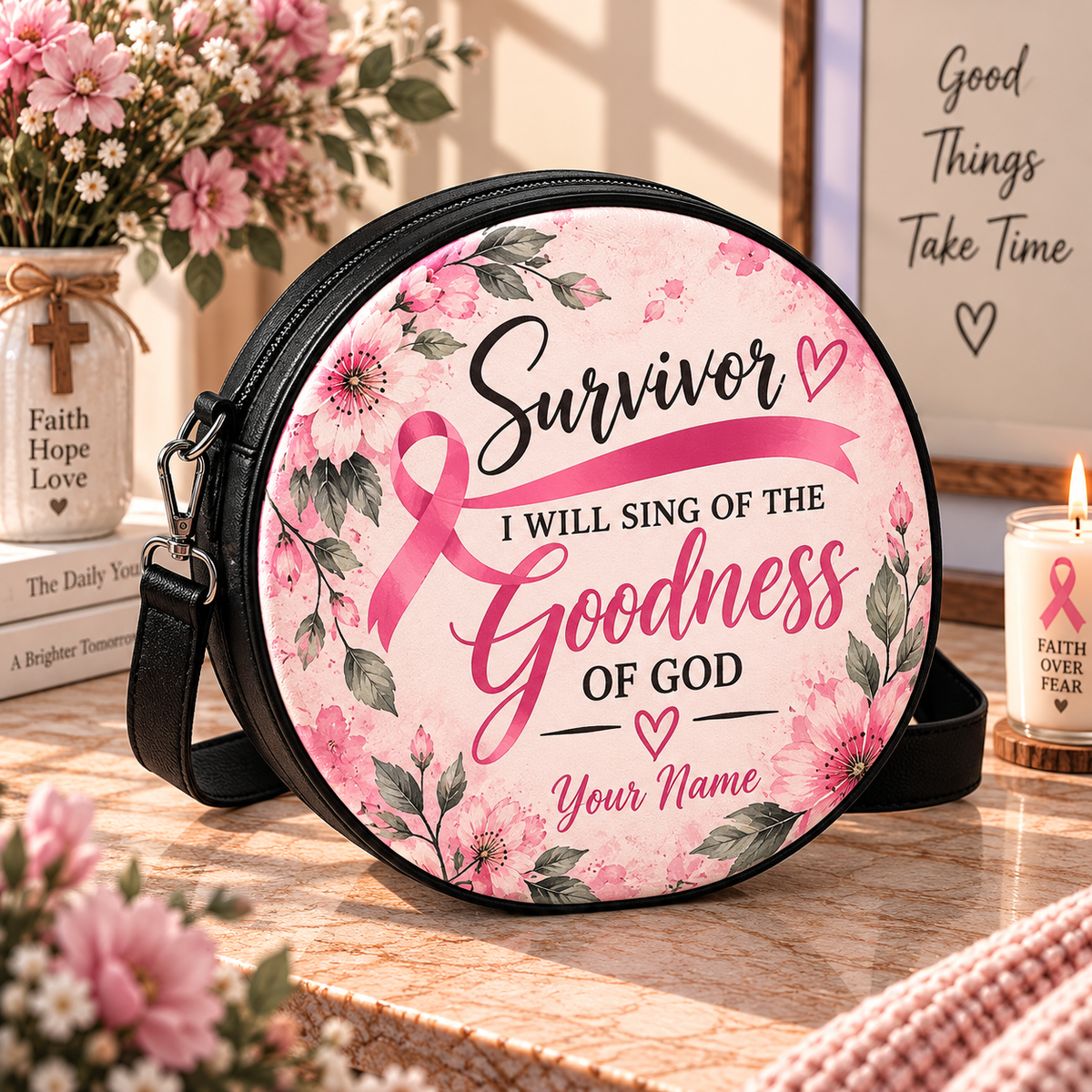 Survivor Goodness of God Personalized Leather Round Bag