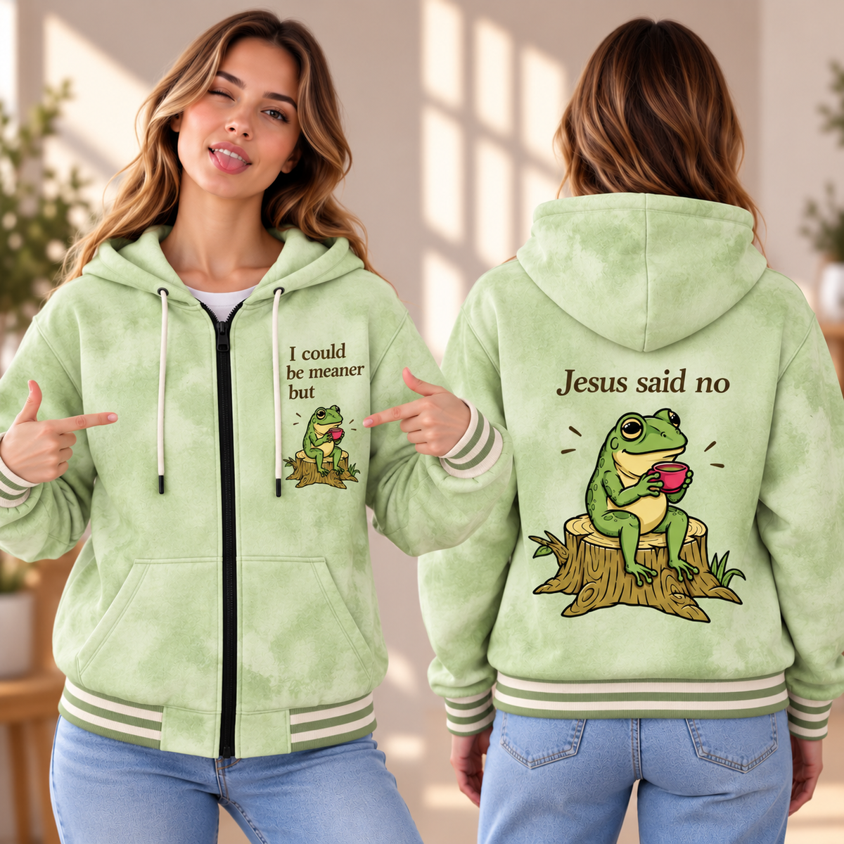 Sage Green Frog Cup Zip-up Baseball Jacket