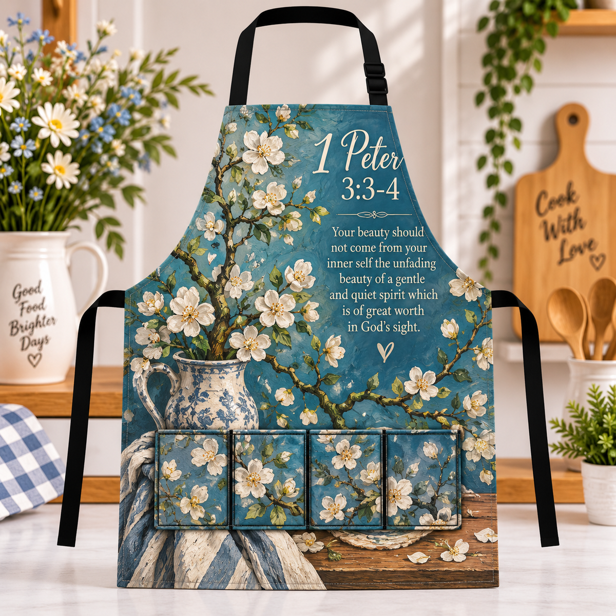 Gentle And Quiet Spirit White Blossom Vase Apron
