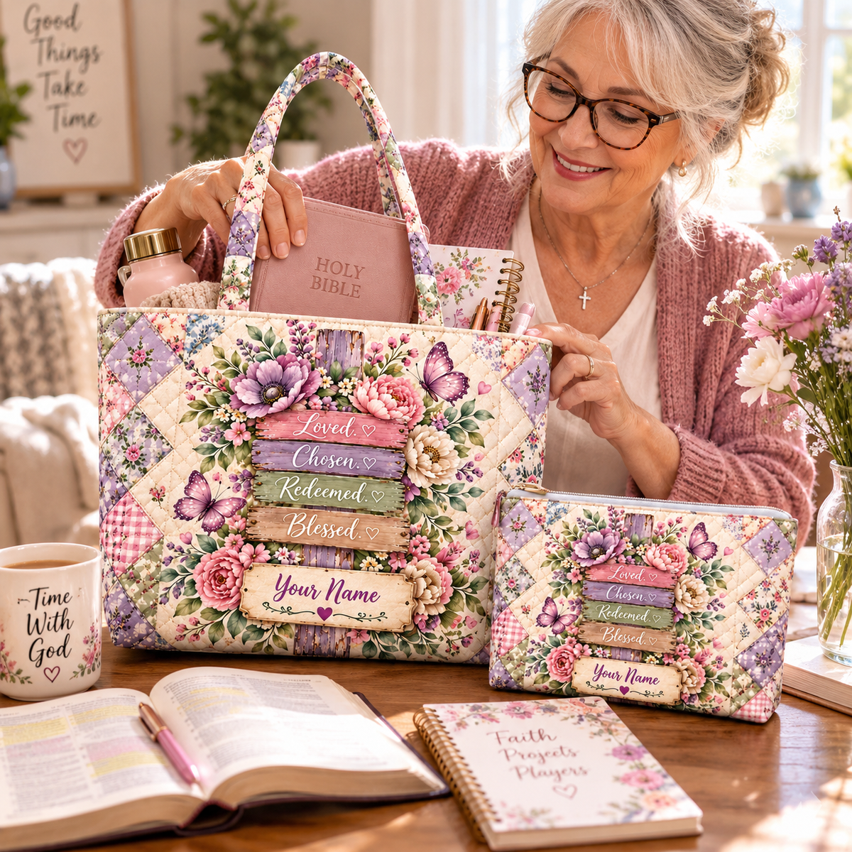 Pastel Floral Butterfly Personalized Quilted Shoulder Bag & Storage Bag