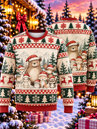 Santa Hat Bear and Woodland Animals Ugly Sweater