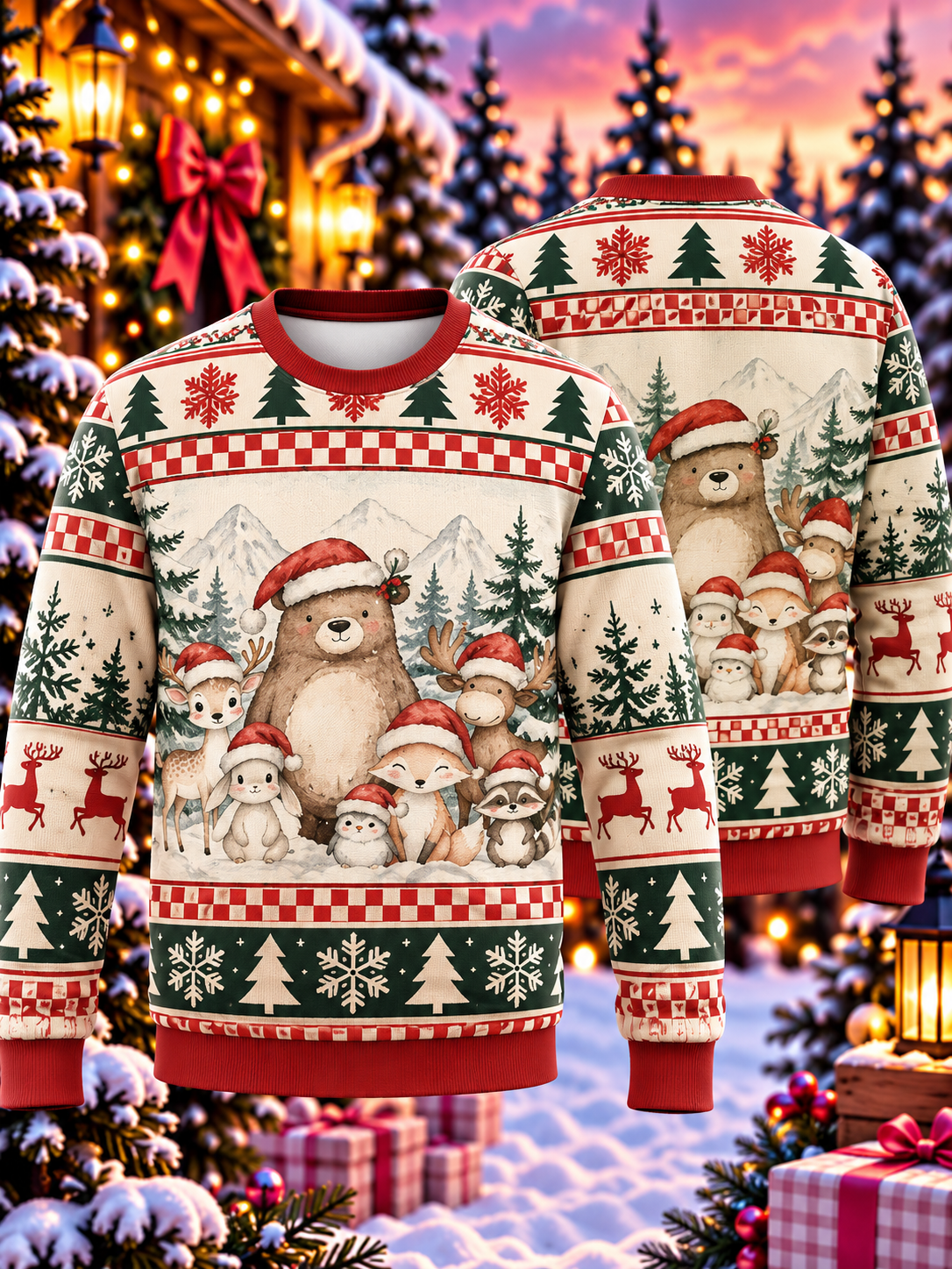 Santa Hat Bear and Woodland Animals Ugly Sweater