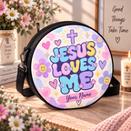 Jesus Loves Me Pastel Personalized Leather Round Bag