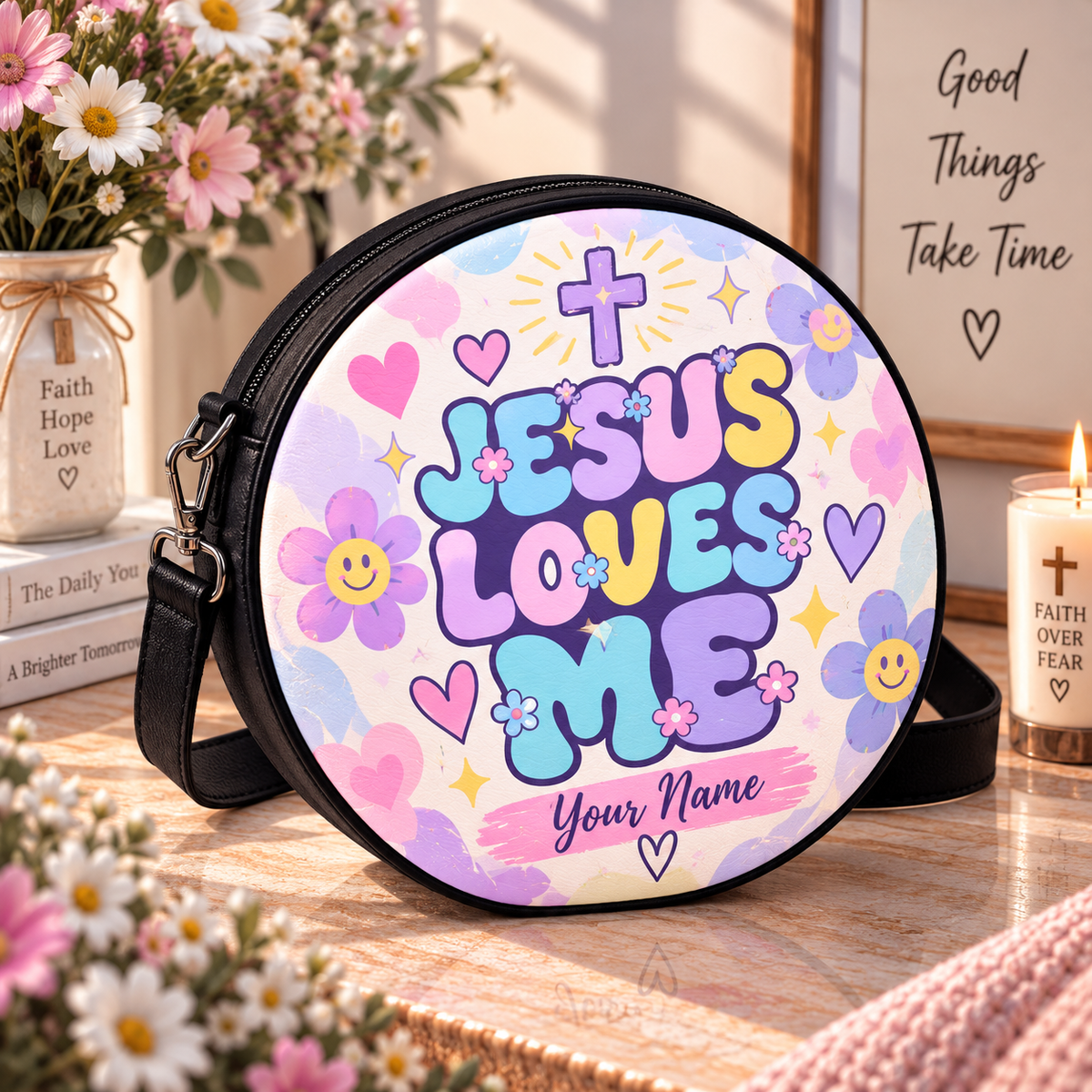 Jesus Loves Me Pastel Personalized Leather Round Bag