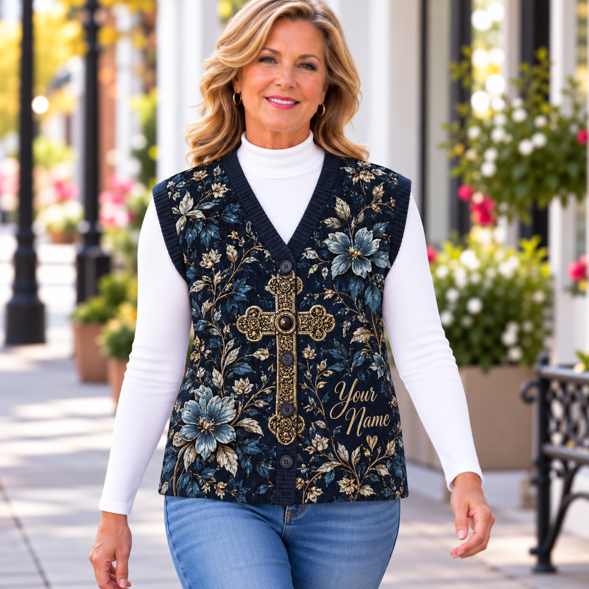 Navy Blue Floral Ornate Personalized Knitted Cardigan Vest