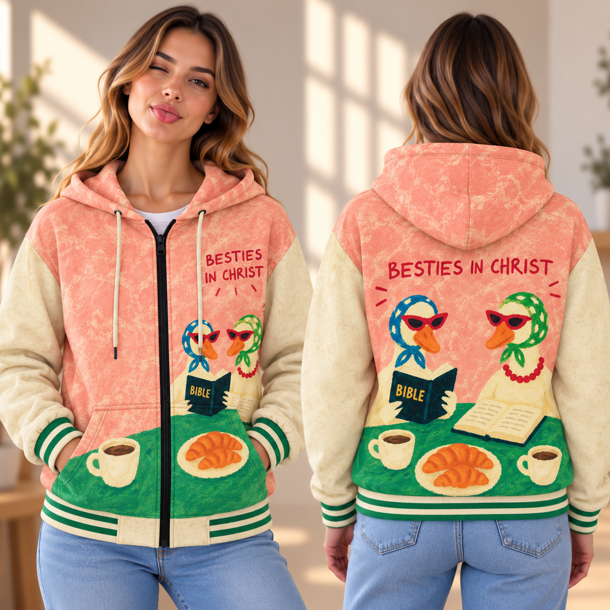 Duck Besties Coffee Zip-up Baseball Jacket