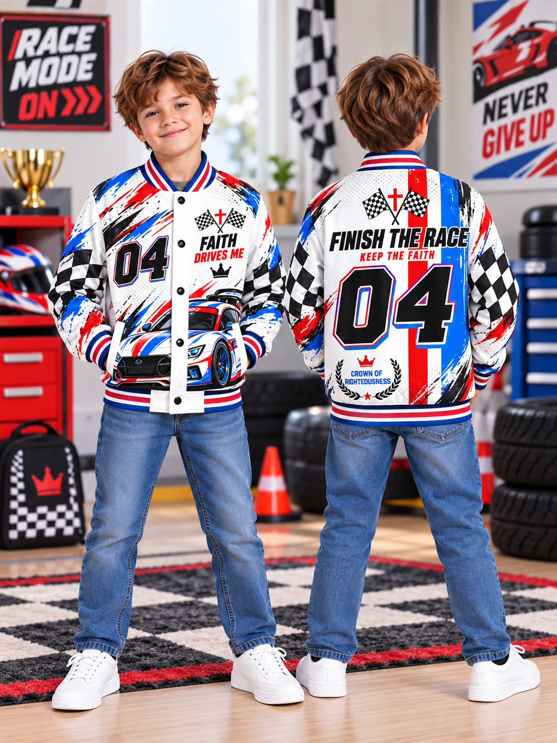 Finish The Race Faith Kids Baseball Jacket