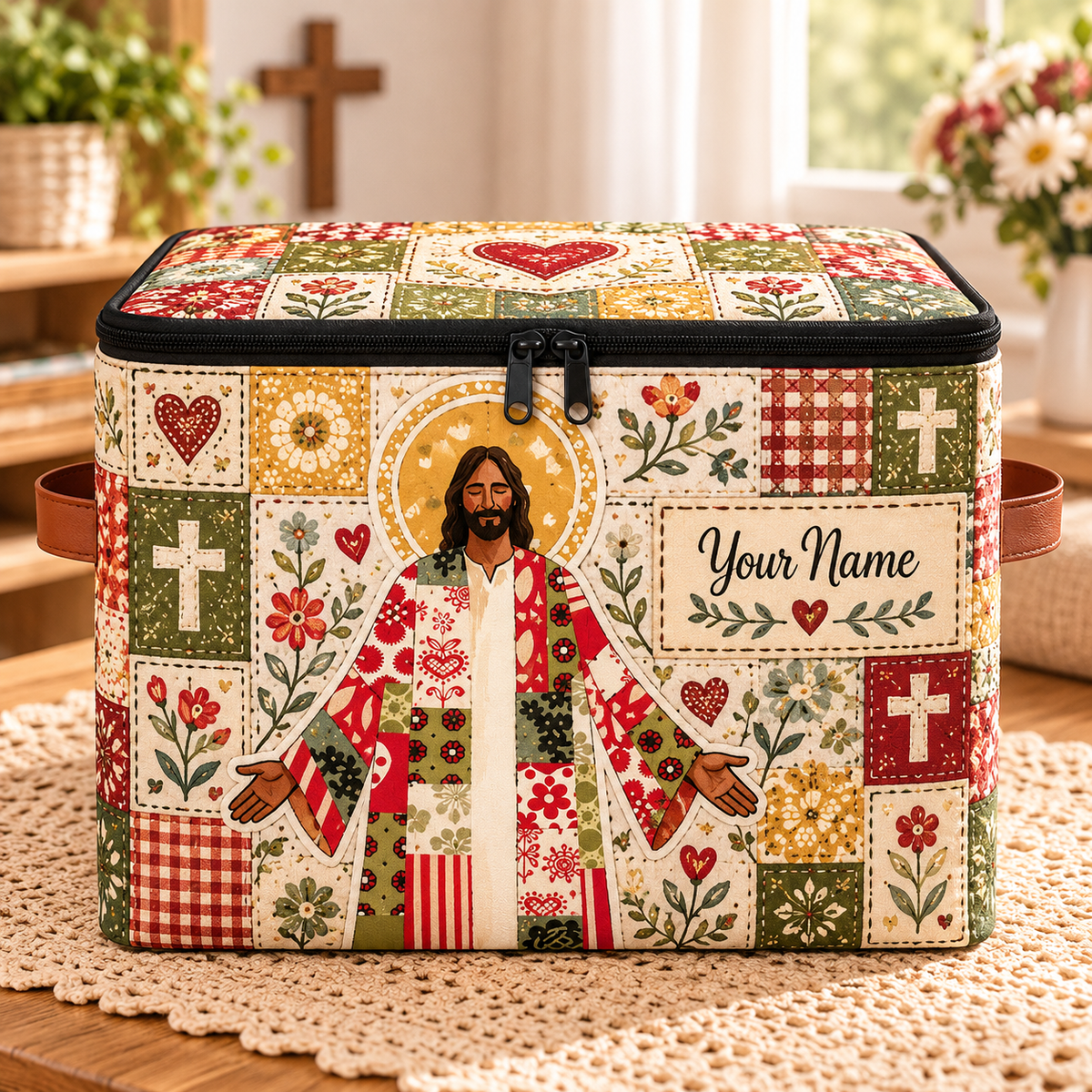 Floral Patchwork Portrait Personalized Square Storage Basket With Lid