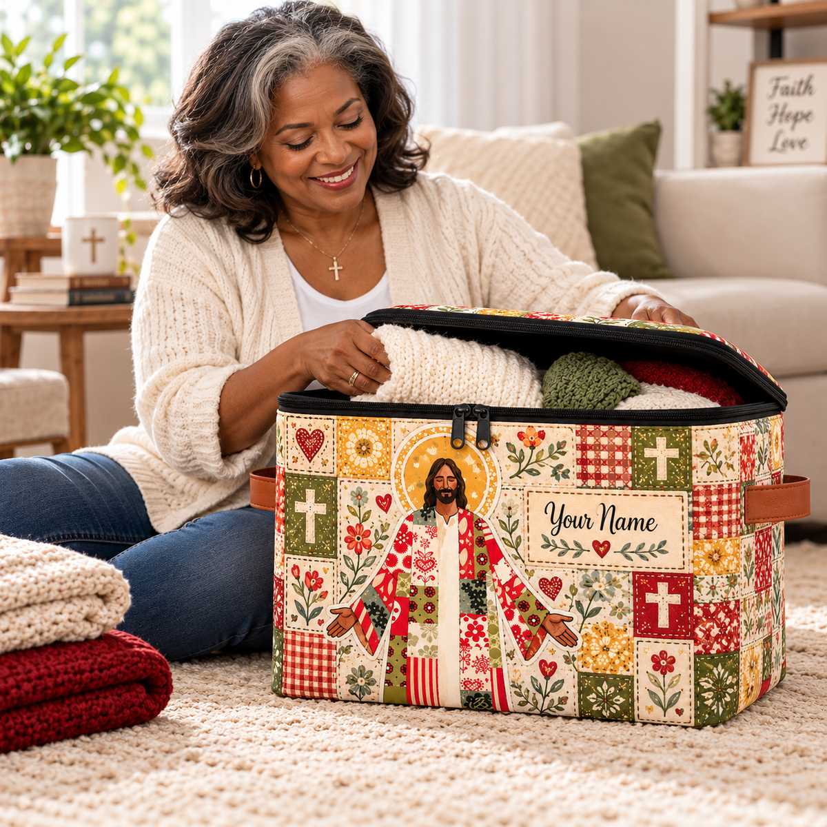 Floral Patchwork Portrait Personalized Square Storage Basket With Lid