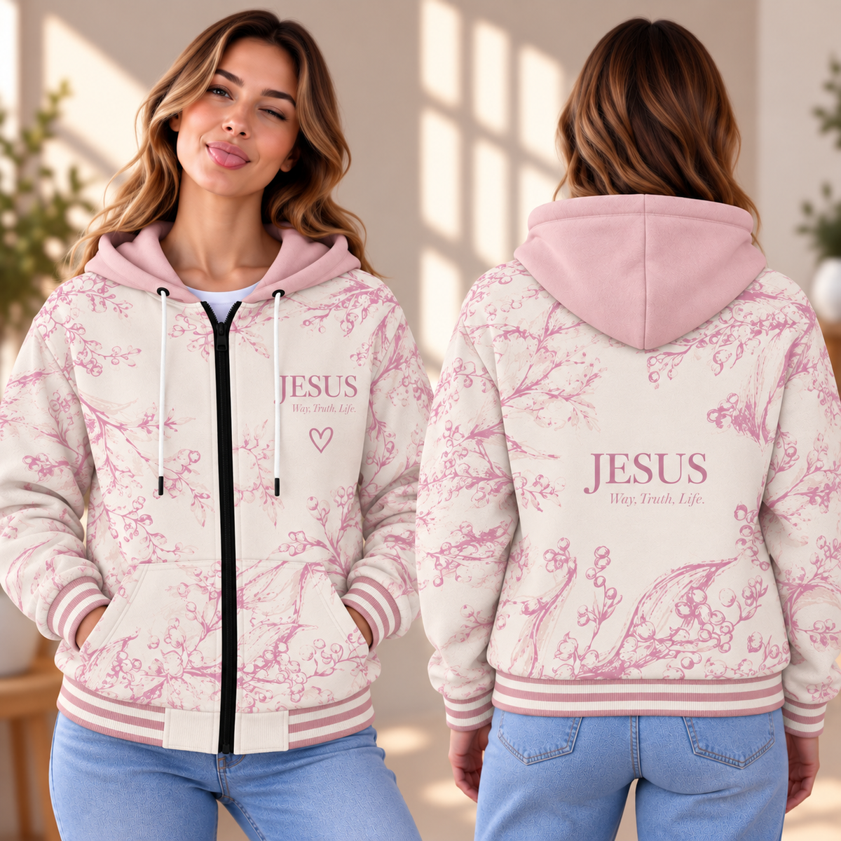 Pink Blossom Branch Zip-up Baseball Jacket