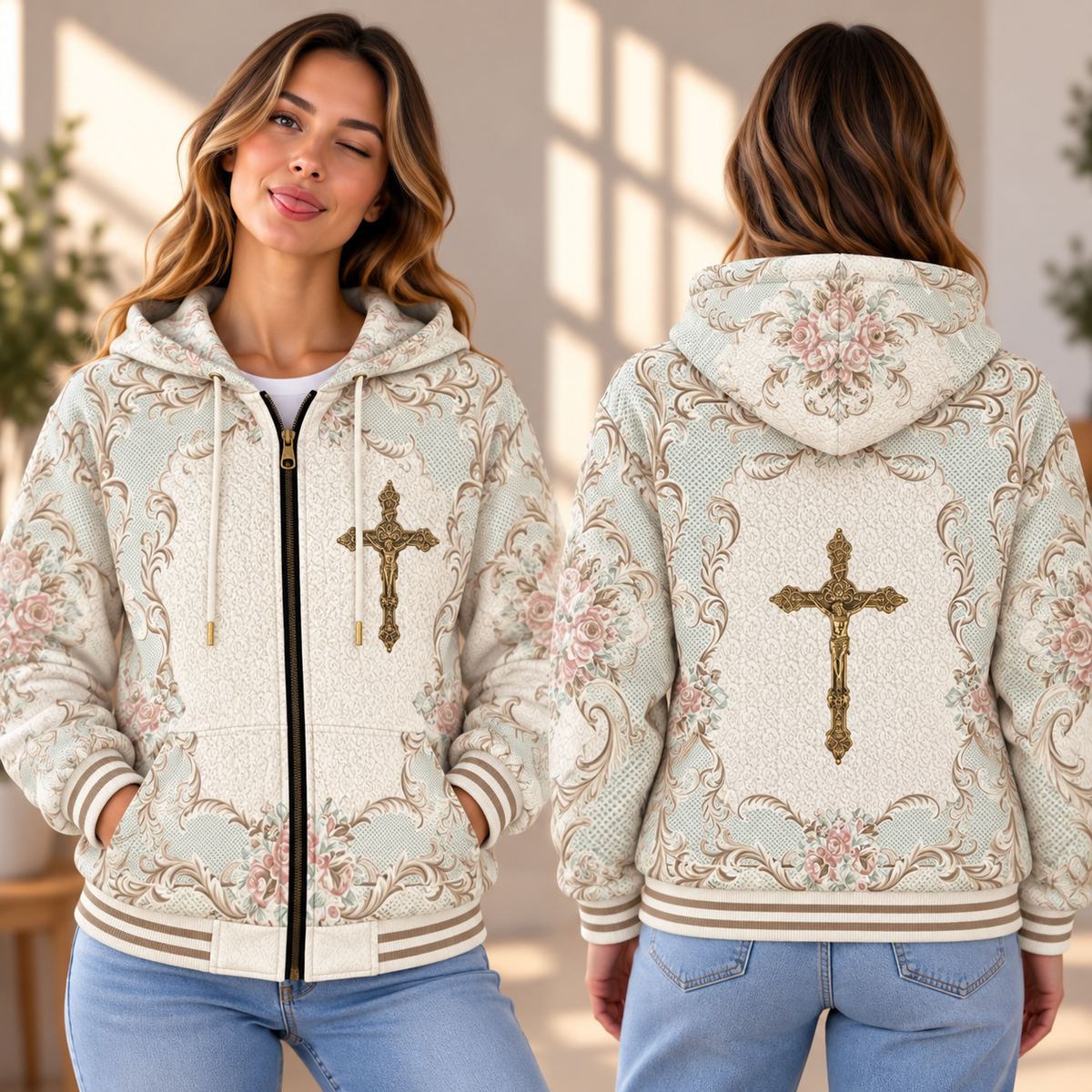 Cream Vintage Rose Scrollwork Zip-up Baseball Jacket