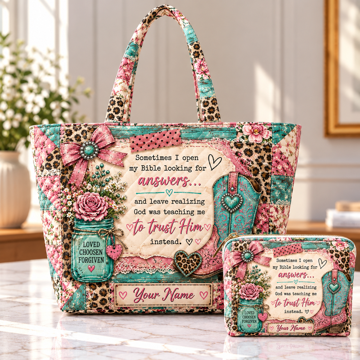 Turquoise Western Boot Personalized Quilted Shoulder Bag & Storage Bag