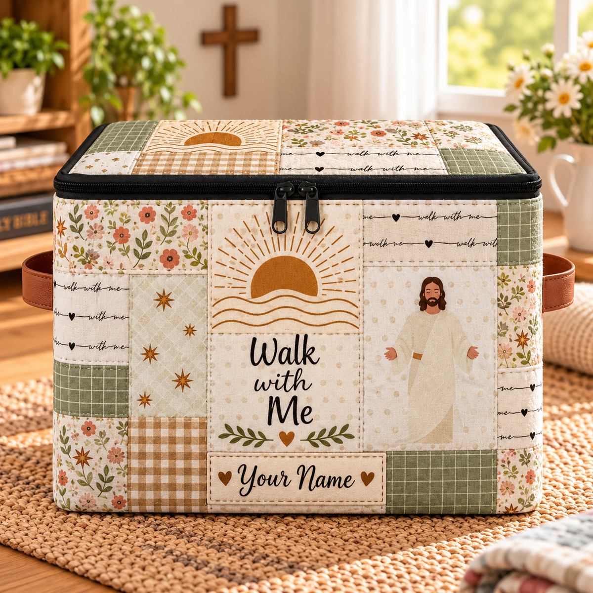 Sage Sunrise Patchwork Personalized Square Storage Basket With Lid