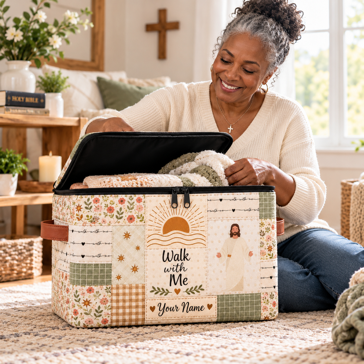 Sage Sunrise Patchwork Personalized Square Storage Basket With Lid