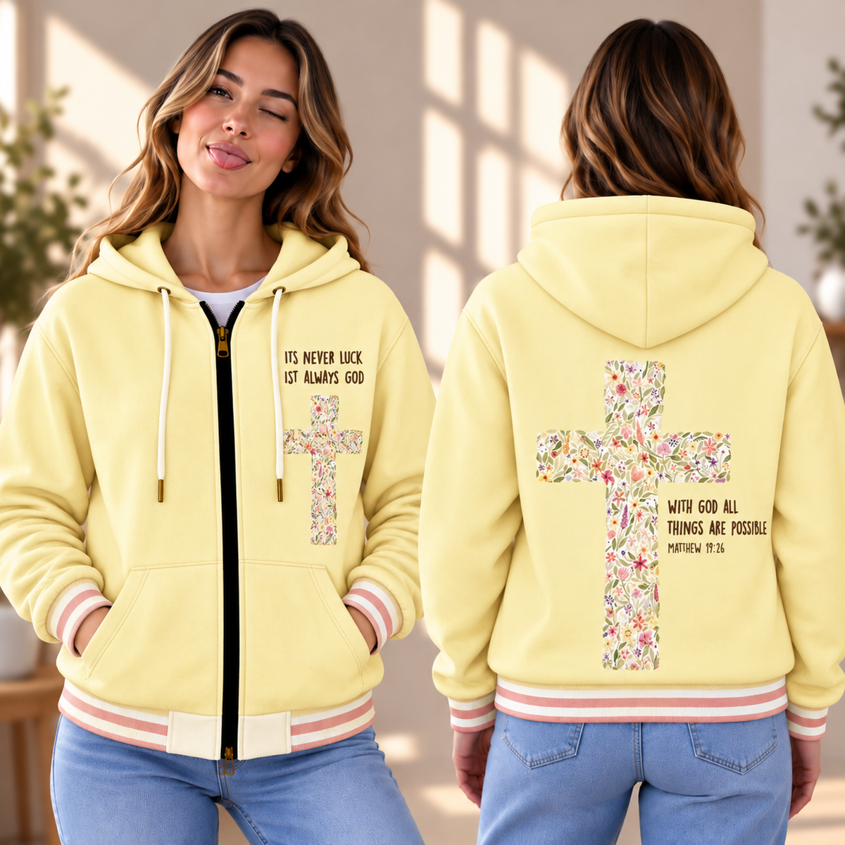 Butter Yellow Floral Zip-up Baseball Jacket