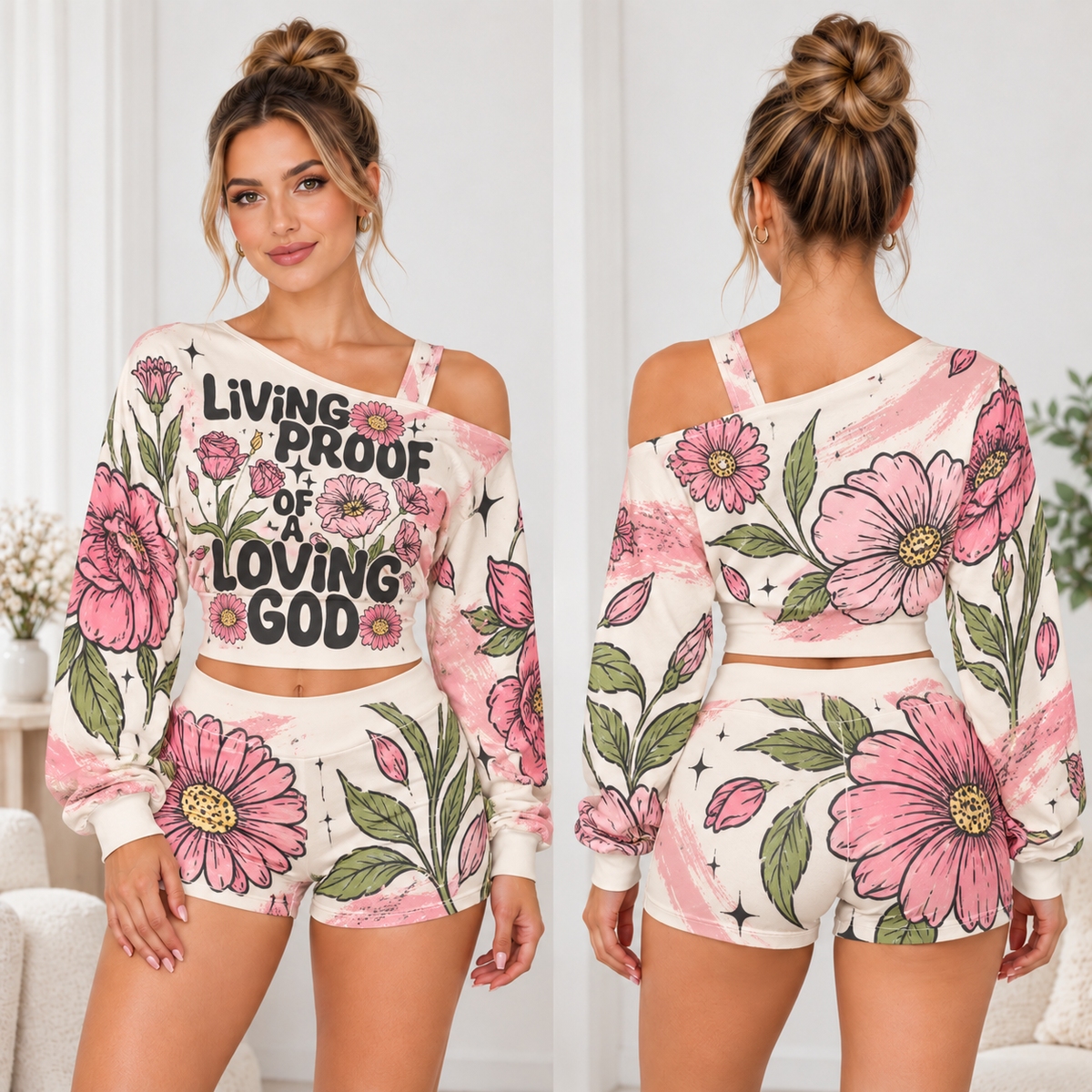 Living Proof of a Loving God One-Shoulder Top and Shorts Set