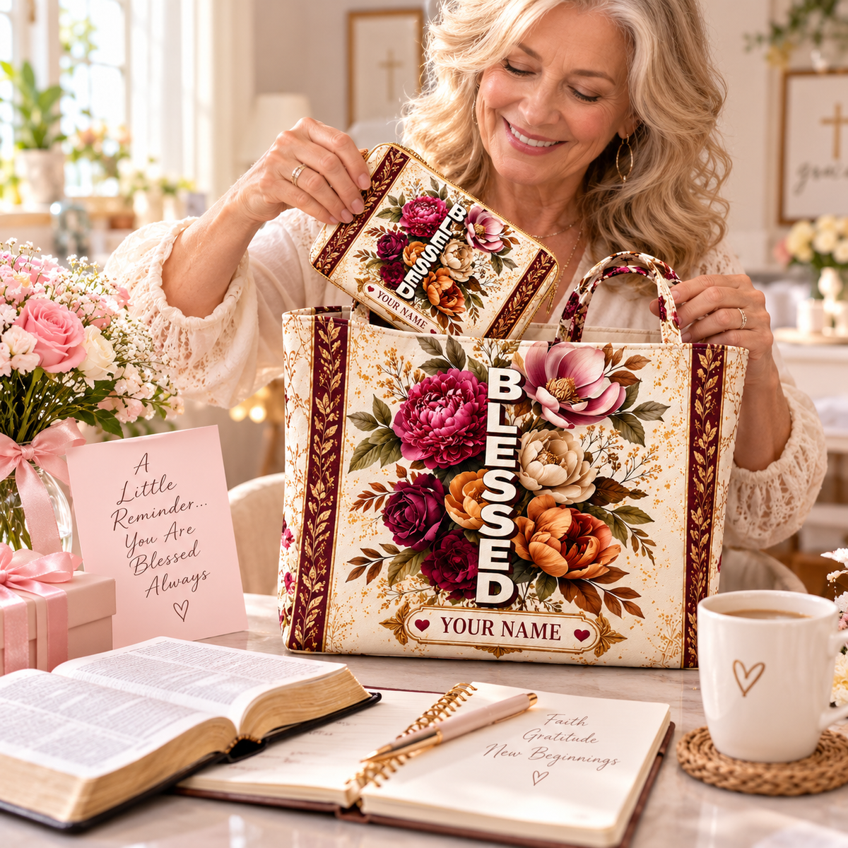 Burgundy Floral Bouquet Personalized Quilted Shoulder Bag & Storage Bag