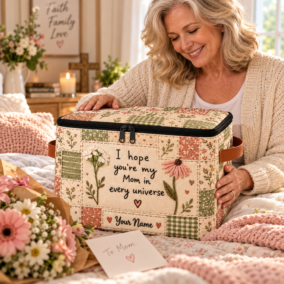 Mom Wildflower Patchwork Personalized Square Storage Basket With Lid