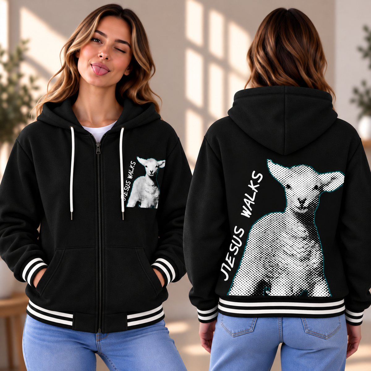 Black Halftone Lamb Zip-up Baseball Jacket