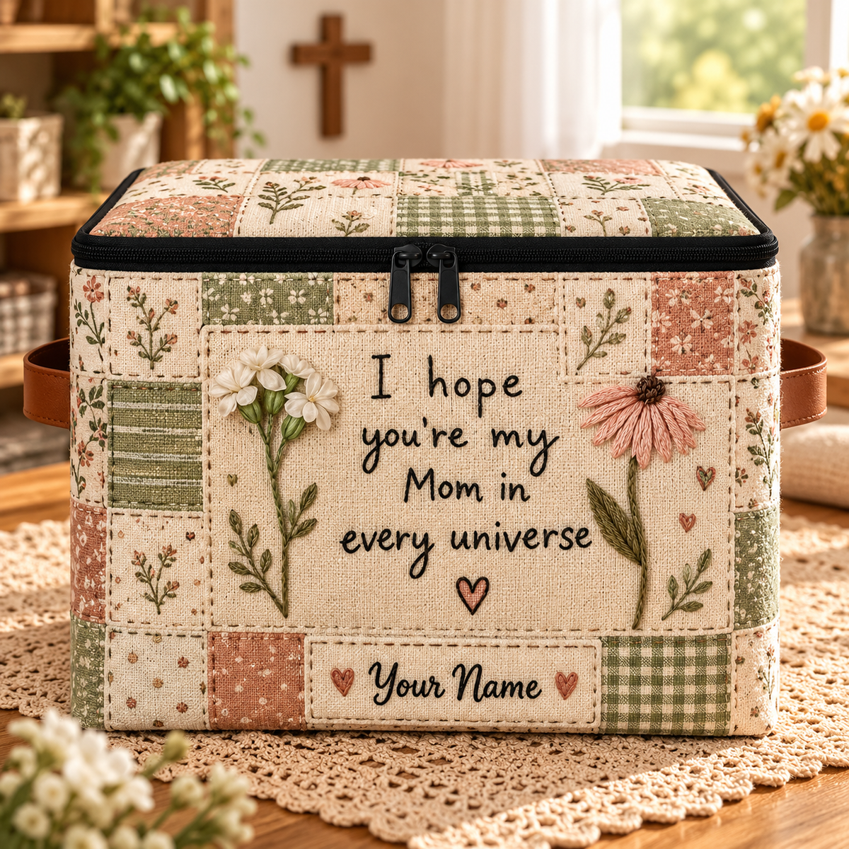 Mom Wildflower Patchwork Personalized Square Storage Basket With Lid