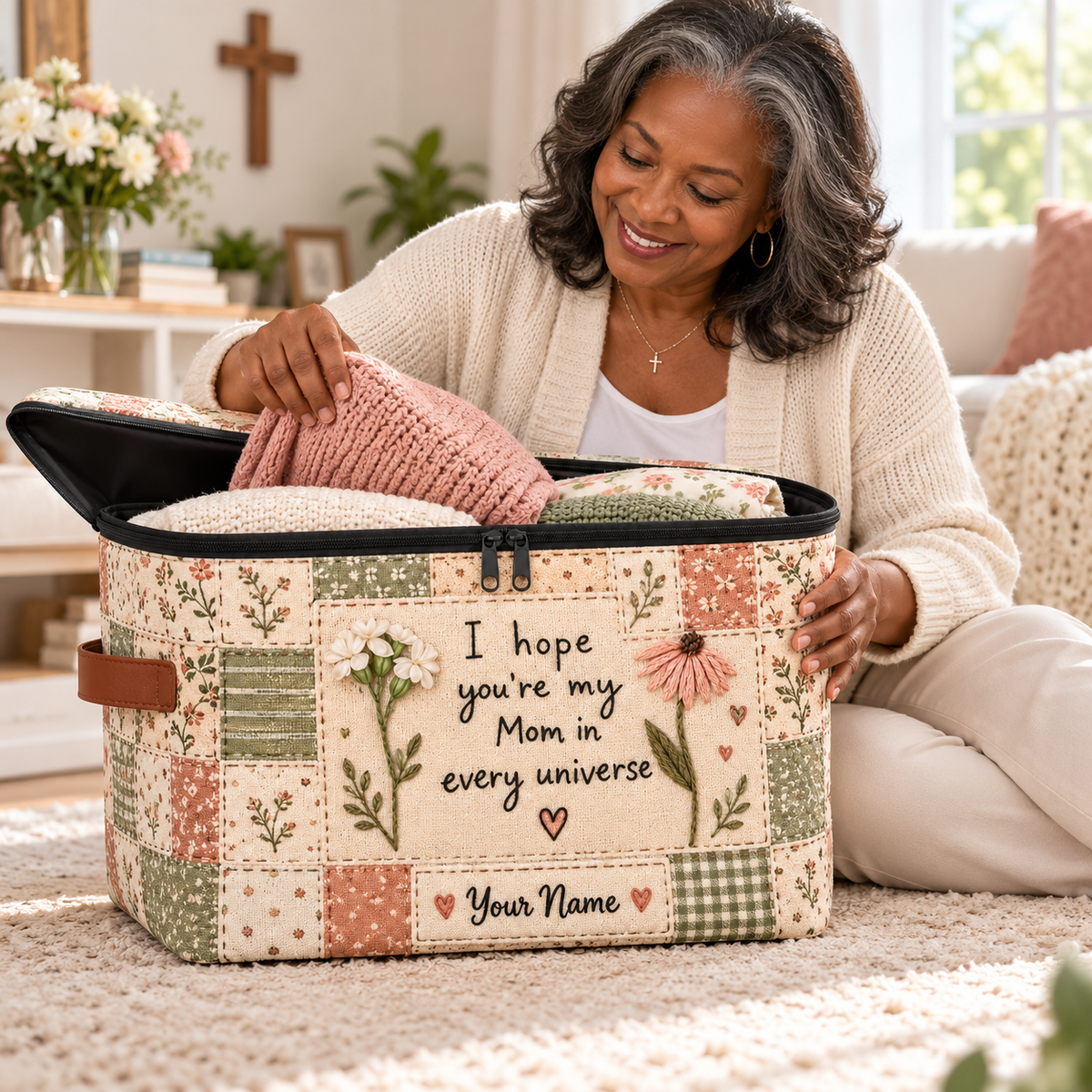 Mom Wildflower Patchwork Personalized Square Storage Basket With Lid