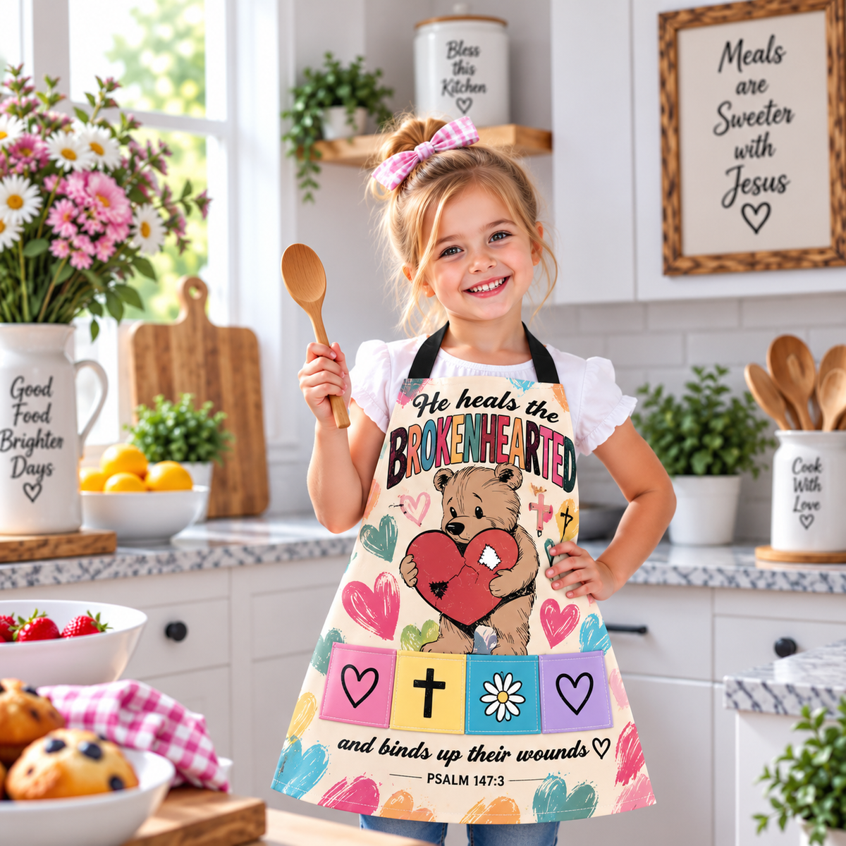 He Heals the Brokenhearted Teddy Bear Kids Apron