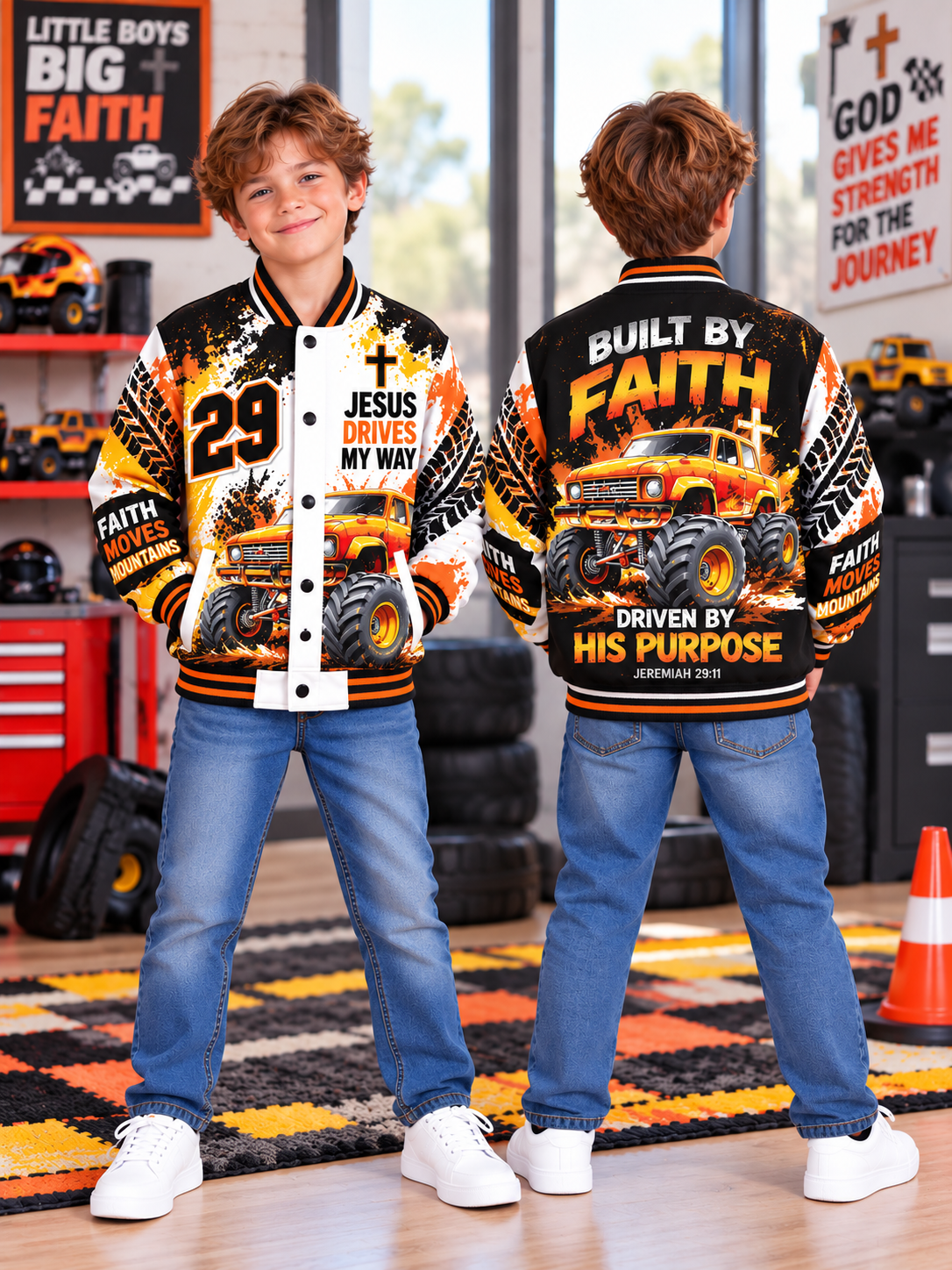 Built By Faith Monster Truck Kids Baseball Jacket
